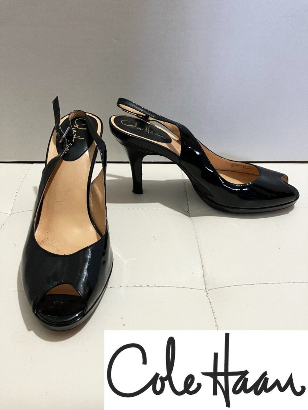 Cole Haan Nike Air Black Patent Leather Slingback Peep-Toe Heels Size 9B